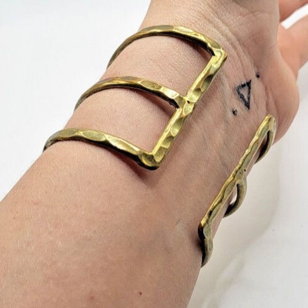 Artisan Hammered Brass Bangle Bracelet Minimalist Bohemian 2in wide